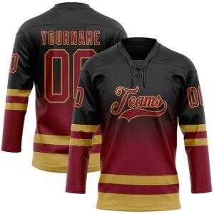 Custom Black Crimson-Old Gold Fade Fashion Hockey Lace Neck Jersey
