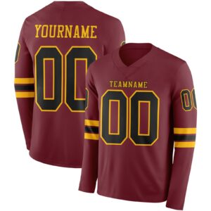Custom Burgundy Black-Gold Long Sleeve Authentic Football Jersey