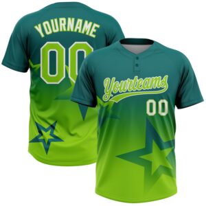 Custom Teal Neon Green-White Gradient Style Twinkle Star Two-Button Unisex Softball Jersey